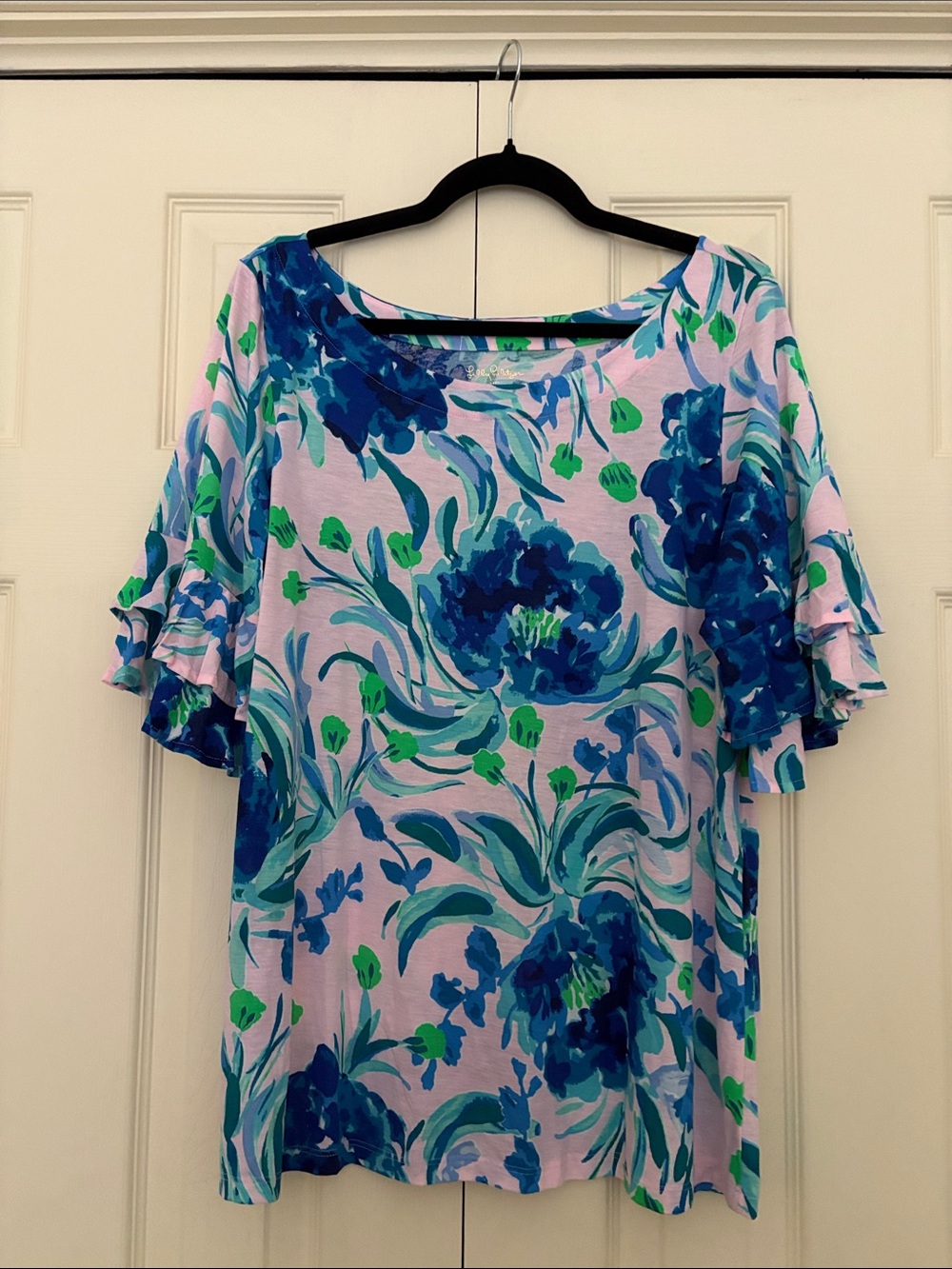Lilly Pulitzer Lula Lilac Top with Blue Floral Print and Green Accents